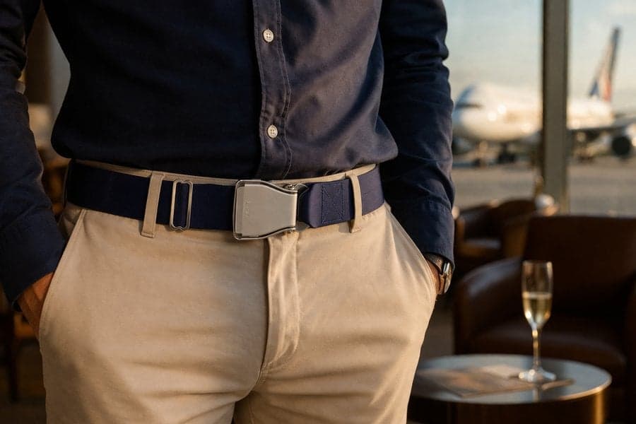 Ceinture d'avion TRANSATLANTIC bleu marine portée avec un chino beige et une chemise bleu marine dans un salon d'aéroport, un avion de ligne visible derrière la baie vitrée