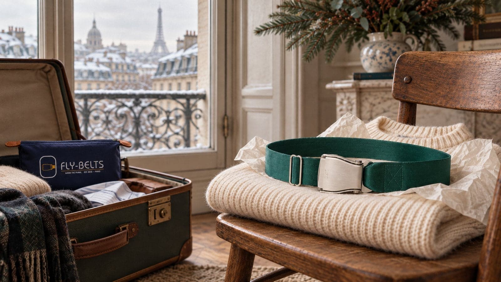 Ceinture d'avion AMAZONAS vert émeraude sur un pull crème, devant une fenêtre donnant sur les toits enneigés de Paris, trousse Fly-Belts dans une valise