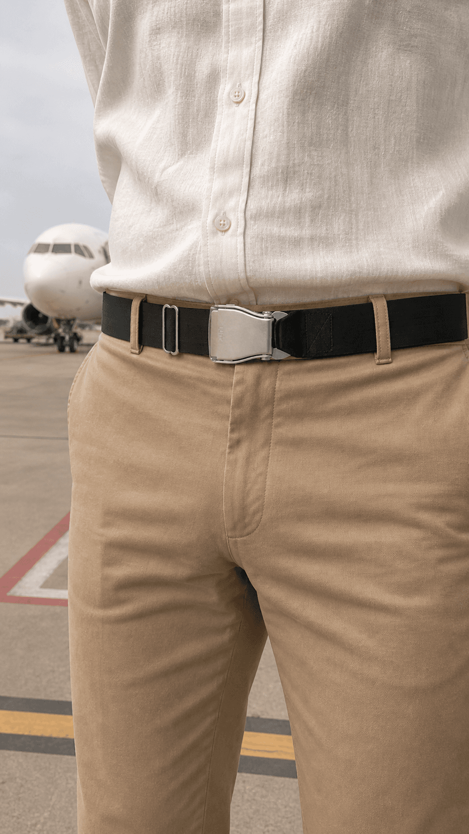 Ein Mann in Leinenhemd und Chinos auf dem Vorfeld, mit schwarzem Aviation-Gürtel, ein Verkehrsflugzeug im Hintergrund