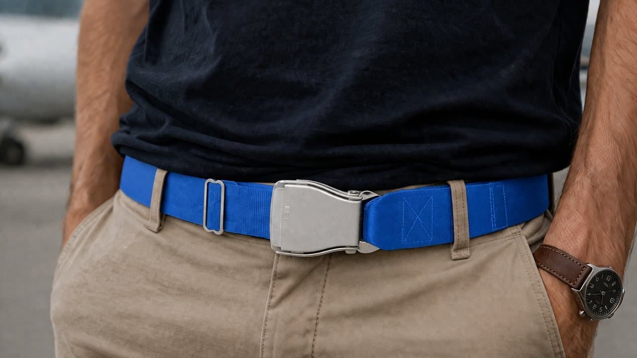Elektrisch blauer PACIFIC-Flugzeug-Gürtel an beigen Chinos mit dunklem T-Shirt