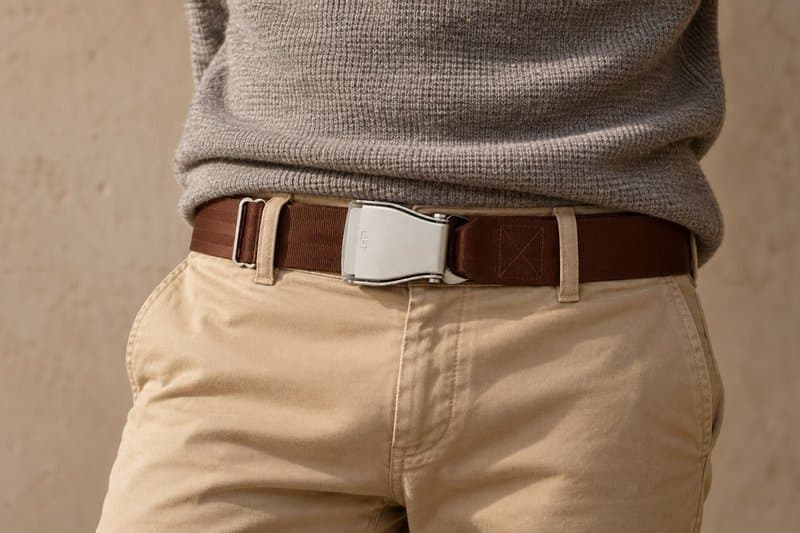 Warmbrauner SILK ROAD-Flugzeug-Gürtel an beigen Chinos mit grauem Pullover