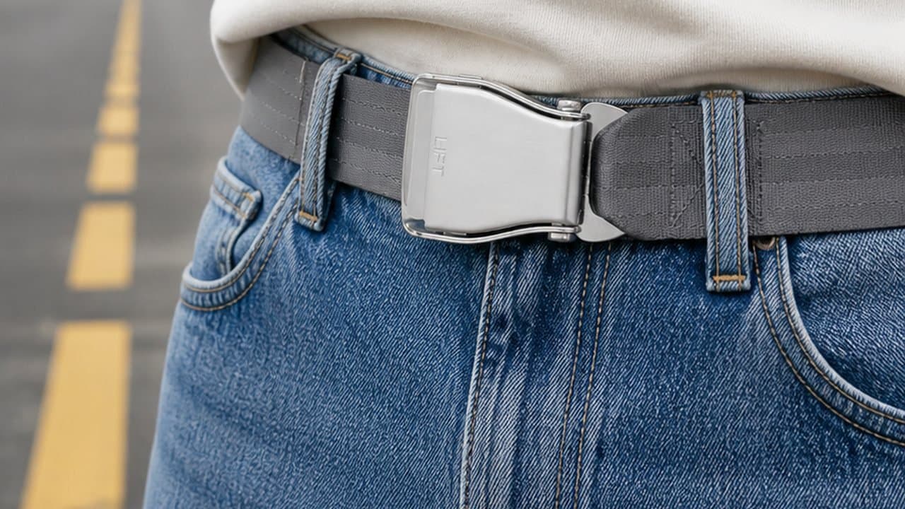 Grauer RUNWAY-Flugzeug-Gürtel an heller Jeans mit cremefarbenem T-Shirt vor einer Start- und Landebahn