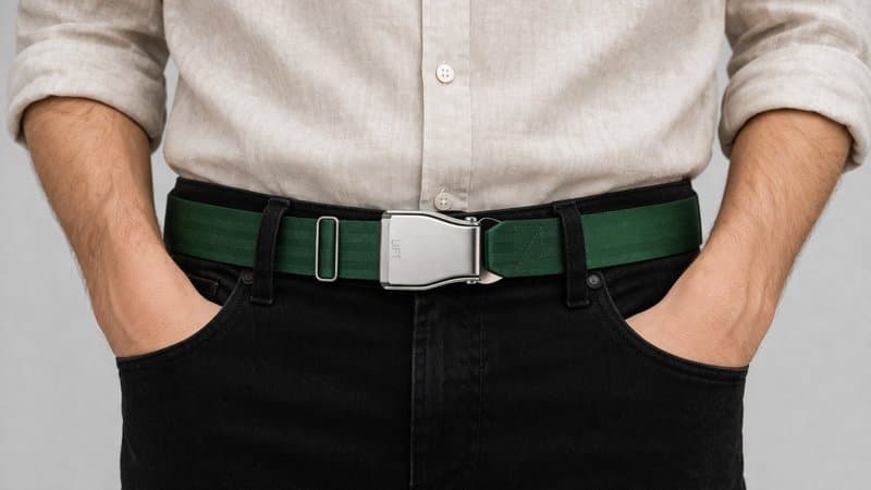 Smaragdgrüner AMAZONAS-Flugzeug-Gürtel an schwarzer Jeans mit Leinenhemd