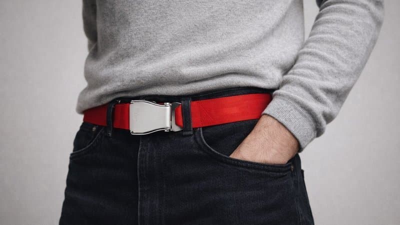 Tiefroter AUSTRAL-Flugzeug-Gürtel an dunkler Jeans mit grauem Pullover