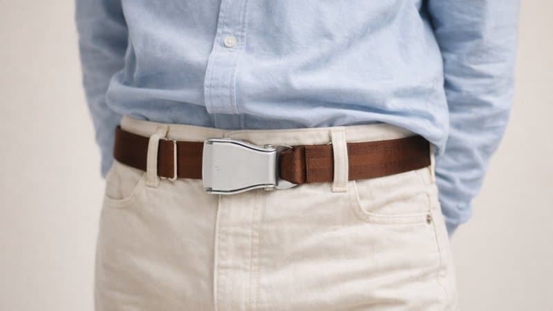Warmbrauner SILK ROAD-Flugzeug-Gürtel an weißer Hose mit Chambray-Hemd